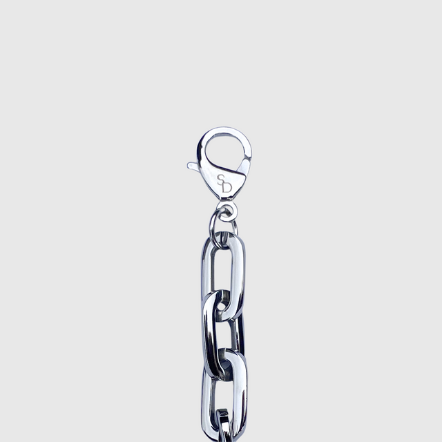 Detail silver link necklace clasp with an embossed S & D on the clasp