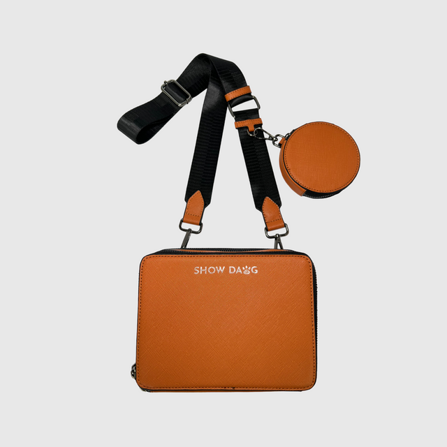 Front side buffalo caramel vegan leather dog walking bag with detachable doggie treat pouch 