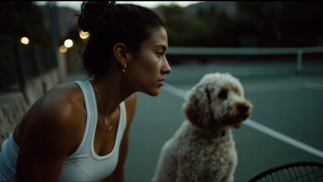 Woman and dog on a tennis court at dusk